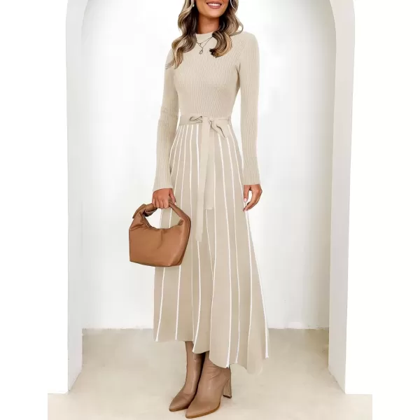 imageZESICA Womens 2024 Fall Turtleneck Long Sleeve Sweater Dress Tie Waist Casual Loose Ribbed Knit A Line Midi DressesApricot