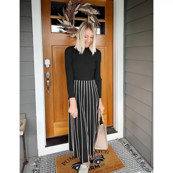 imageZESICA Womens 2024 Fall Turtleneck Long Sleeve Sweater Dress Tie Waist Casual Loose Ribbed Knit A Line Midi DressesBlack