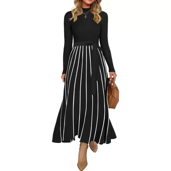 imageZESICA Womens 2024 Fall Turtleneck Long Sleeve Sweater Dress Tie Waist Casual Loose Ribbed Knit A Line Midi DressesBlack