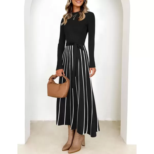 imageZESICA Womens 2024 Fall Turtleneck Long Sleeve Sweater Dress Tie Waist Casual Loose Ribbed Knit A Line Midi DressesBlack