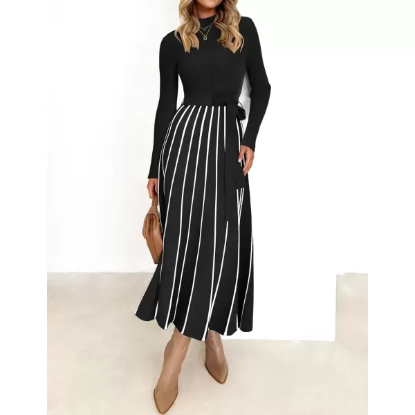 imageZESICA Womens 2024 Fall Turtleneck Long Sleeve Sweater Dress Tie Waist Casual Loose Ribbed Knit A Line Midi DressesBlack
