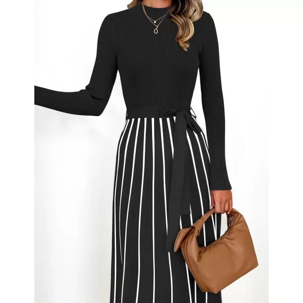 imageZESICA Womens 2024 Fall Turtleneck Long Sleeve Sweater Dress Tie Waist Casual Loose Ribbed Knit A Line Midi DressesBlack