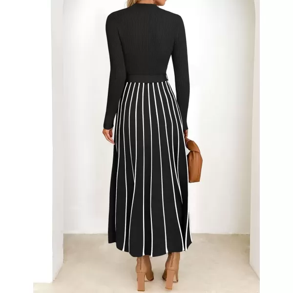 imageZESICA Womens 2024 Fall Turtleneck Long Sleeve Sweater Dress Tie Waist Casual Loose Ribbed Knit A Line Midi DressesBlack