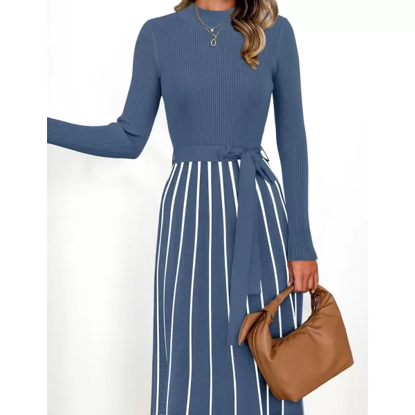 imageZESICA Womens 2024 Fall Turtleneck Long Sleeve Sweater Dress Tie Waist Casual Loose Ribbed Knit A Line Midi DressesDusty Blue