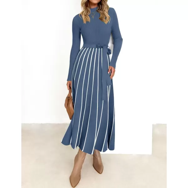 imageZESICA Womens 2024 Fall Turtleneck Long Sleeve Sweater Dress Tie Waist Casual Loose Ribbed Knit A Line Midi DressesDusty Blue
