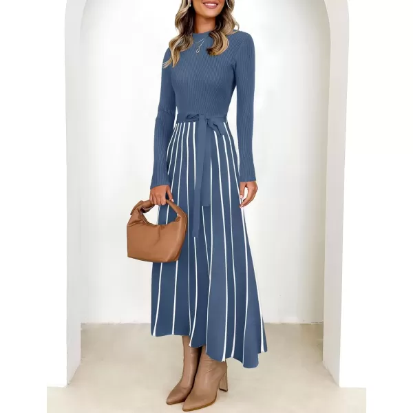 imageZESICA Womens 2024 Fall Turtleneck Long Sleeve Sweater Dress Tie Waist Casual Loose Ribbed Knit A Line Midi DressesDusty Blue