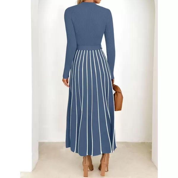 imageZESICA Womens 2024 Fall Turtleneck Long Sleeve Sweater Dress Tie Waist Casual Loose Ribbed Knit A Line Midi DressesDusty Blue
