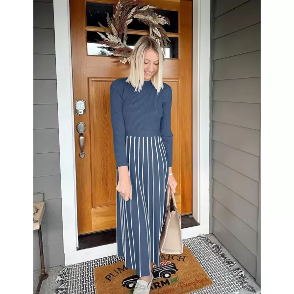 imageZESICA Womens 2024 Fall Turtleneck Long Sleeve Sweater Dress Tie Waist Casual Loose Ribbed Knit A Line Midi DressesDusty Blue