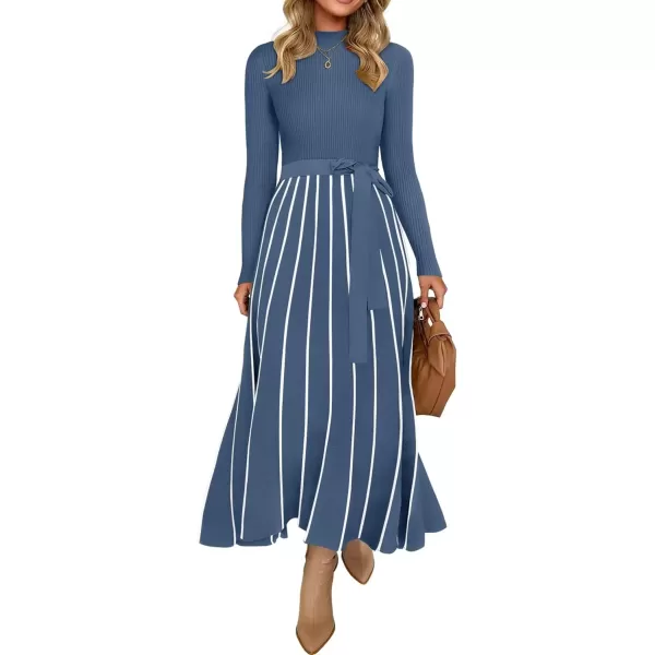 imageZESICA Womens 2024 Fall Turtleneck Long Sleeve Sweater Dress Tie Waist Casual Loose Ribbed Knit A Line Midi DressesDusty Blue
