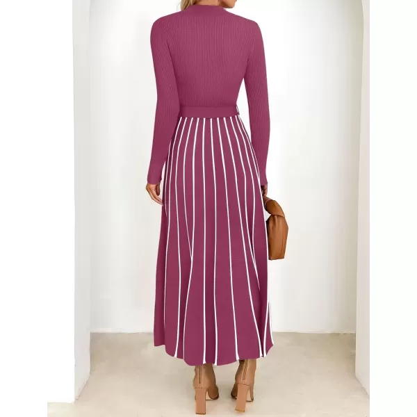 imageZESICA Womens 2024 Fall Turtleneck Long Sleeve Sweater Dress Tie Waist Casual Loose Ribbed Knit A Line Midi DressesEggplant