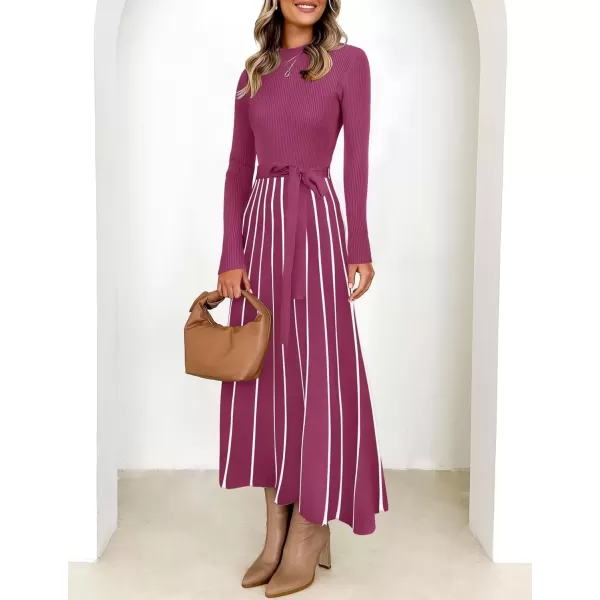 imageZESICA Womens 2024 Fall Turtleneck Long Sleeve Sweater Dress Tie Waist Casual Loose Ribbed Knit A Line Midi DressesEggplant