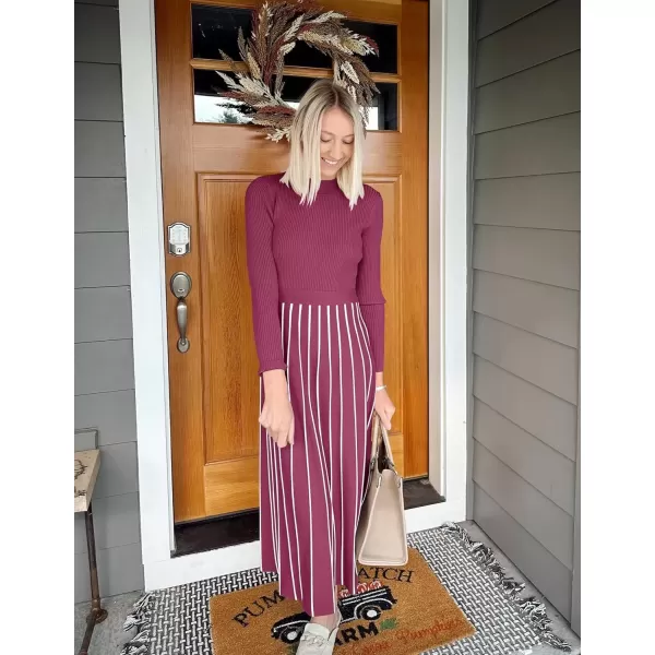 imageZESICA Womens 2024 Fall Turtleneck Long Sleeve Sweater Dress Tie Waist Casual Loose Ribbed Knit A Line Midi DressesEggplant