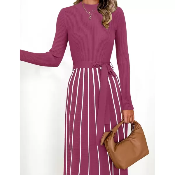 imageZESICA Womens 2024 Fall Turtleneck Long Sleeve Sweater Dress Tie Waist Casual Loose Ribbed Knit A Line Midi DressesEggplant