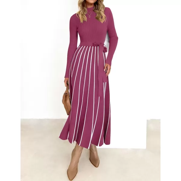 imageZESICA Womens 2024 Fall Turtleneck Long Sleeve Sweater Dress Tie Waist Casual Loose Ribbed Knit A Line Midi DressesEggplant