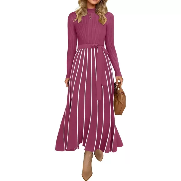 imageZESICA Womens 2024 Fall Turtleneck Long Sleeve Sweater Dress Tie Waist Casual Loose Ribbed Knit A Line Midi DressesEggplant