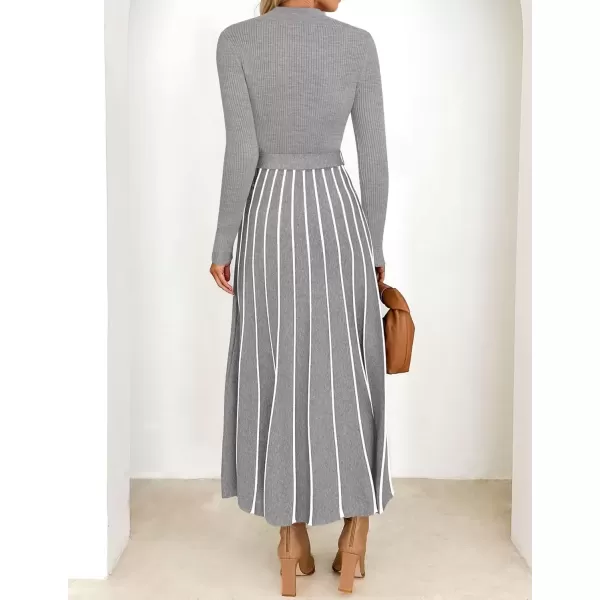 imageZESICA Womens 2024 Fall Turtleneck Long Sleeve Sweater Dress Tie Waist Casual Loose Ribbed Knit A Line Midi DressesGrey