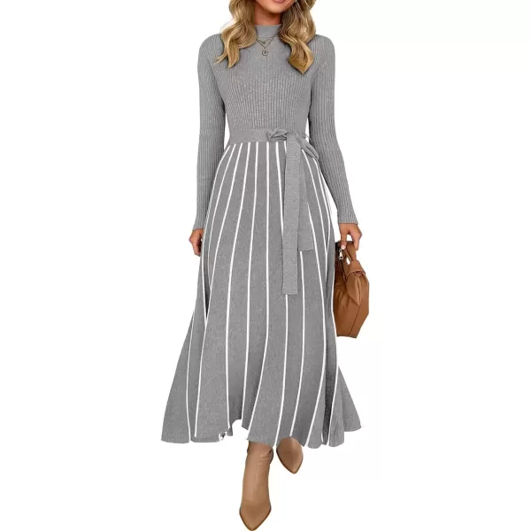 imageZESICA Womens 2024 Fall Turtleneck Long Sleeve Sweater Dress Tie Waist Casual Loose Ribbed Knit A Line Midi DressesGrey