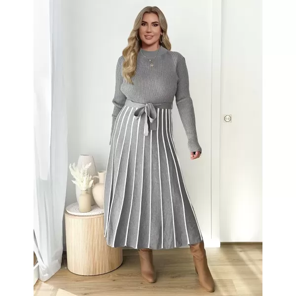 imageZESICA Womens 2024 Fall Turtleneck Long Sleeve Sweater Dress Tie Waist Casual Loose Ribbed Knit A Line Midi DressesGrey