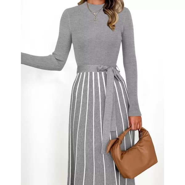 imageZESICA Womens 2024 Fall Turtleneck Long Sleeve Sweater Dress Tie Waist Casual Loose Ribbed Knit A Line Midi DressesGrey