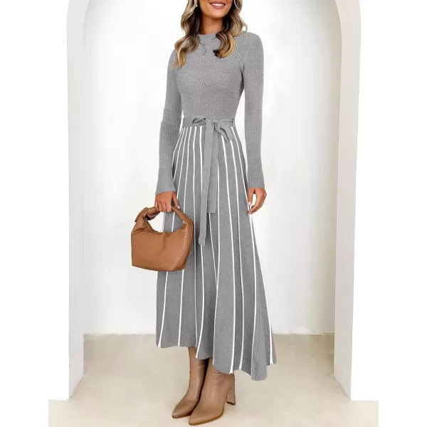 imageZESICA Womens 2024 Fall Turtleneck Long Sleeve Sweater Dress Tie Waist Casual Loose Ribbed Knit A Line Midi DressesGrey