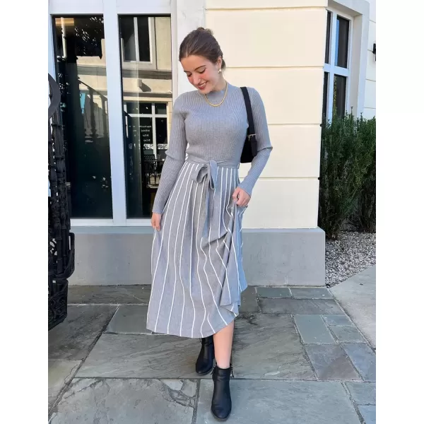 imageZESICA Womens 2024 Fall Turtleneck Long Sleeve Sweater Dress Tie Waist Casual Loose Ribbed Knit A Line Midi DressesGrey