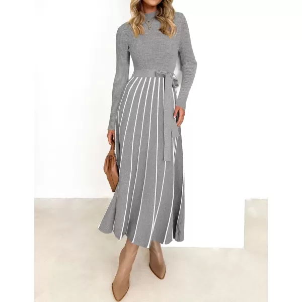 imageZESICA Womens 2024 Fall Turtleneck Long Sleeve Sweater Dress Tie Waist Casual Loose Ribbed Knit A Line Midi DressesGrey