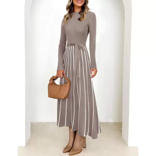 imageZESICA Womens 2024 Fall Turtleneck Long Sleeve Sweater Dress Tie Waist Casual Loose Ribbed Knit A Line Midi DressesKhaki