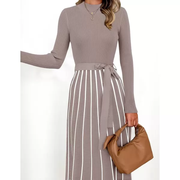 imageZESICA Womens 2024 Fall Turtleneck Long Sleeve Sweater Dress Tie Waist Casual Loose Ribbed Knit A Line Midi DressesKhaki