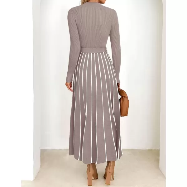 imageZESICA Womens 2024 Fall Turtleneck Long Sleeve Sweater Dress Tie Waist Casual Loose Ribbed Knit A Line Midi DressesKhaki