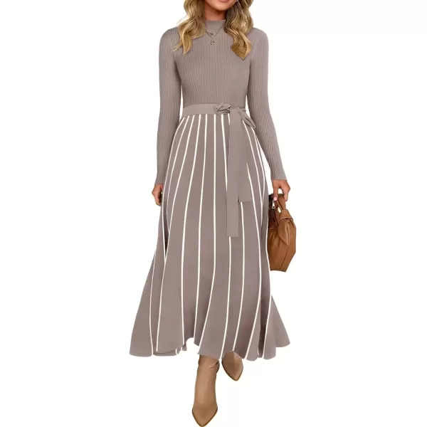 imageZESICA Womens 2024 Fall Turtleneck Long Sleeve Sweater Dress Tie Waist Casual Loose Ribbed Knit A Line Midi DressesKhaki