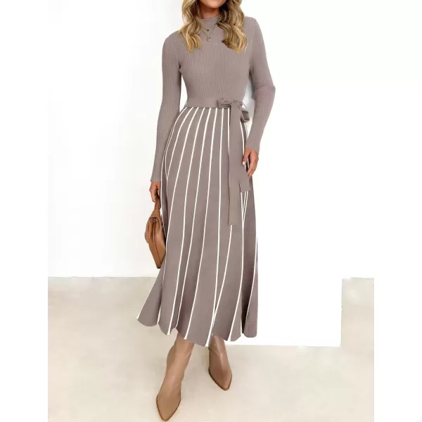 imageZESICA Womens 2024 Fall Turtleneck Long Sleeve Sweater Dress Tie Waist Casual Loose Ribbed Knit A Line Midi DressesKhaki