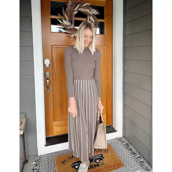 imageZESICA Womens 2024 Fall Turtleneck Long Sleeve Sweater Dress Tie Waist Casual Loose Ribbed Knit A Line Midi DressesKhaki