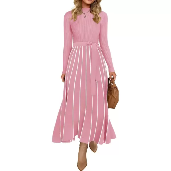 imageZESICA Womens 2024 Fall Turtleneck Long Sleeve Sweater Dress Tie Waist Casual Loose Ribbed Knit A Line Midi DressesPink