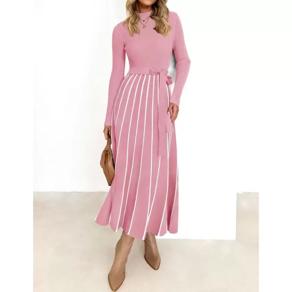 imageZESICA Womens 2024 Fall Turtleneck Long Sleeve Sweater Dress Tie Waist Casual Loose Ribbed Knit A Line Midi DressesPink