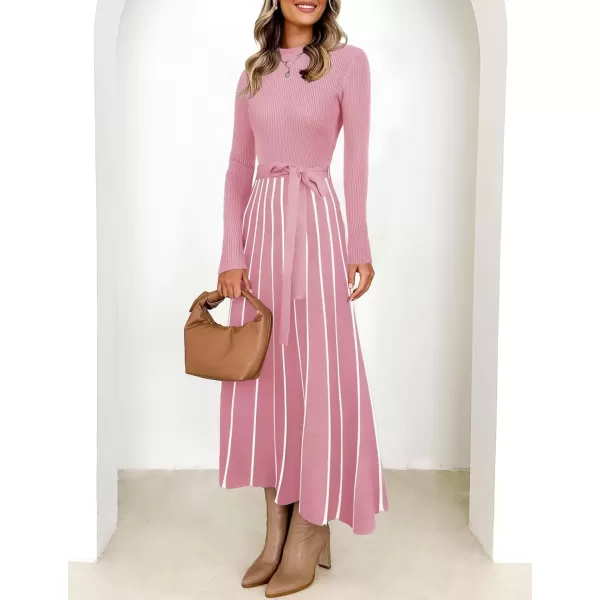 imageZESICA Womens 2024 Fall Turtleneck Long Sleeve Sweater Dress Tie Waist Casual Loose Ribbed Knit A Line Midi DressesPink