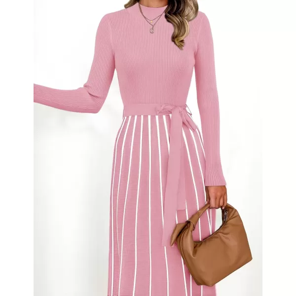 imageZESICA Womens 2024 Fall Turtleneck Long Sleeve Sweater Dress Tie Waist Casual Loose Ribbed Knit A Line Midi DressesPink