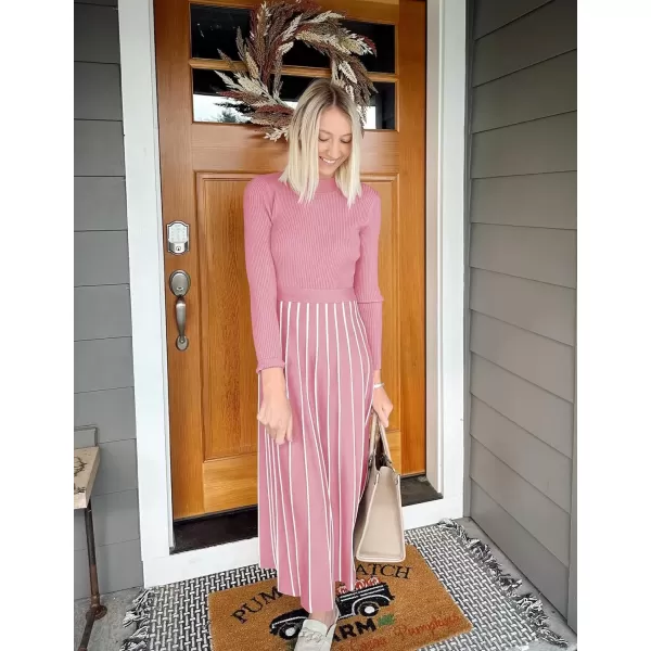 imageZESICA Womens 2024 Fall Turtleneck Long Sleeve Sweater Dress Tie Waist Casual Loose Ribbed Knit A Line Midi DressesPink