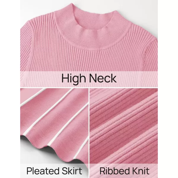 imageZESICA Womens 2024 Fall Turtleneck Long Sleeve Sweater Dress Tie Waist Casual Loose Ribbed Knit A Line Midi DressesPink