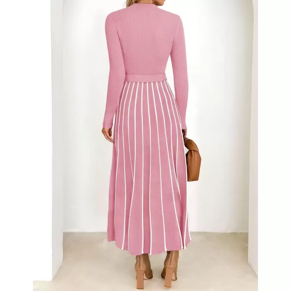 imageZESICA Womens 2024 Fall Turtleneck Long Sleeve Sweater Dress Tie Waist Casual Loose Ribbed Knit A Line Midi DressesPink