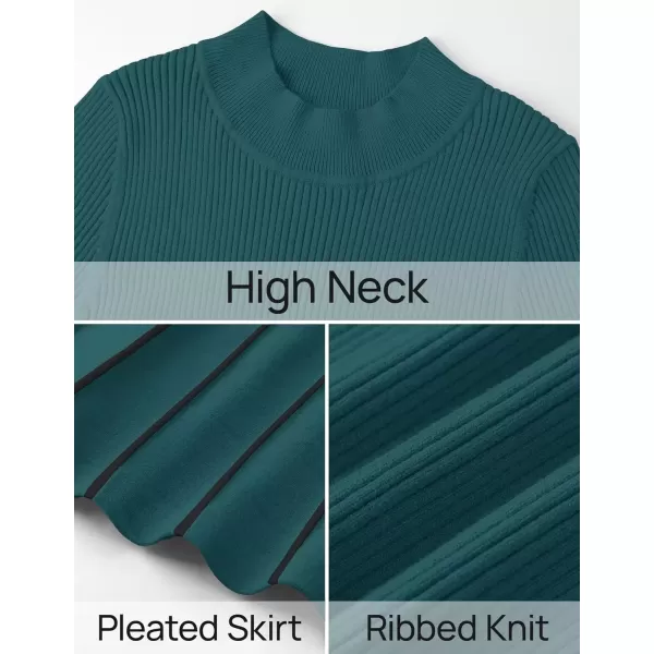 imageZESICA Womens 2024 Fall Turtleneck Long Sleeve Sweater Dress Tie Waist Casual Loose Ribbed Knit A Line Midi DressesTeal