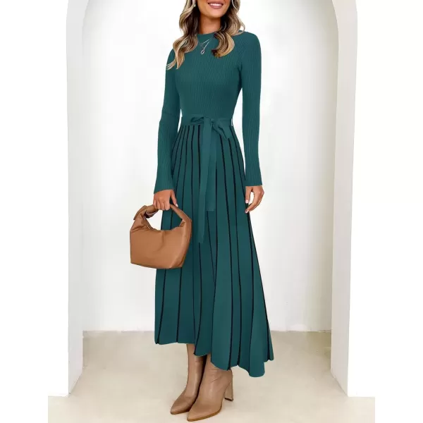 imageZESICA Womens 2024 Fall Turtleneck Long Sleeve Sweater Dress Tie Waist Casual Loose Ribbed Knit A Line Midi DressesTeal