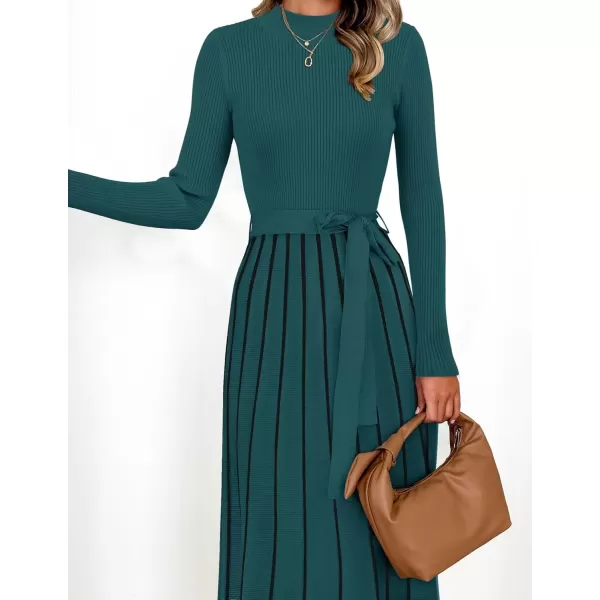 imageZESICA Womens 2024 Fall Turtleneck Long Sleeve Sweater Dress Tie Waist Casual Loose Ribbed Knit A Line Midi DressesTeal