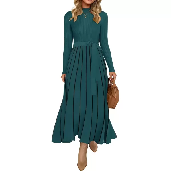imageZESICA Womens 2024 Fall Turtleneck Long Sleeve Sweater Dress Tie Waist Casual Loose Ribbed Knit A Line Midi DressesTeal