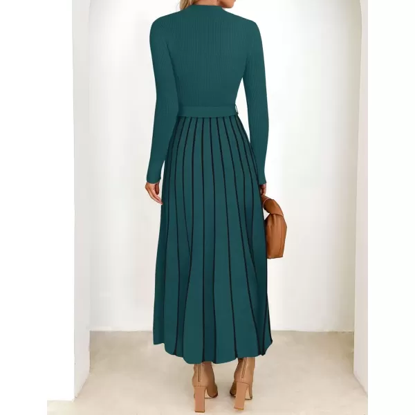 imageZESICA Womens 2024 Fall Turtleneck Long Sleeve Sweater Dress Tie Waist Casual Loose Ribbed Knit A Line Midi DressesTeal