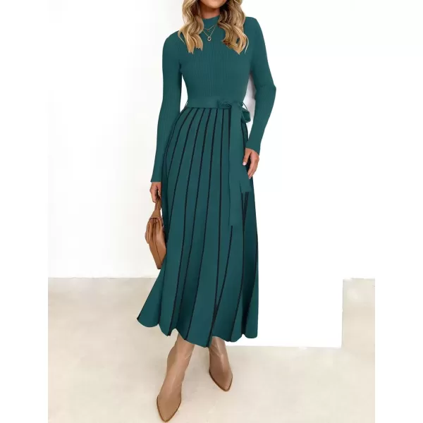 imageZESICA Womens 2024 Fall Turtleneck Long Sleeve Sweater Dress Tie Waist Casual Loose Ribbed Knit A Line Midi DressesTeal