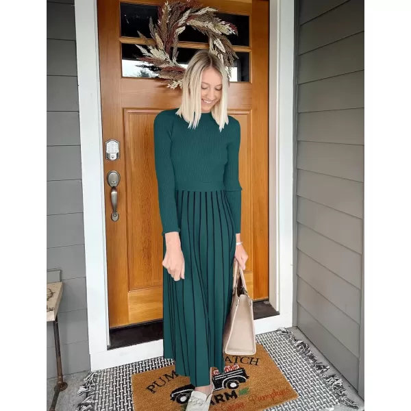 imageZESICA Womens 2024 Fall Turtleneck Long Sleeve Sweater Dress Tie Waist Casual Loose Ribbed Knit A Line Midi DressesTeal