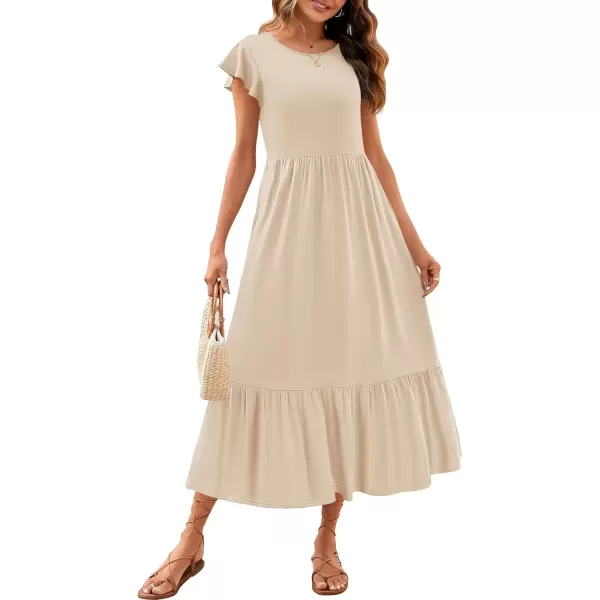 imageZESICA Womens 2024 Summer Casual Dresses Flutter Short Sleeve Crewneck Loose Flowy Tiered Beach Maxi Dress with PocketsApricot