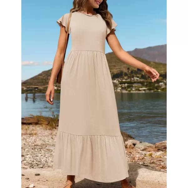 imageZESICA Womens 2024 Summer Casual Dresses Flutter Short Sleeve Crewneck Loose Flowy Tiered Beach Maxi Dress with PocketsApricot