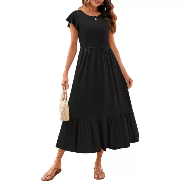 imageZESICA Womens 2024 Summer Casual Dresses Flutter Short Sleeve Crewneck Loose Flowy Tiered Beach Maxi Dress with PocketsBlack