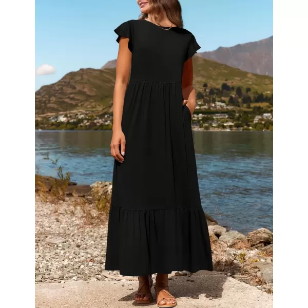 imageZESICA Womens 2024 Summer Casual Dresses Flutter Short Sleeve Crewneck Loose Flowy Tiered Beach Maxi Dress with PocketsBlack